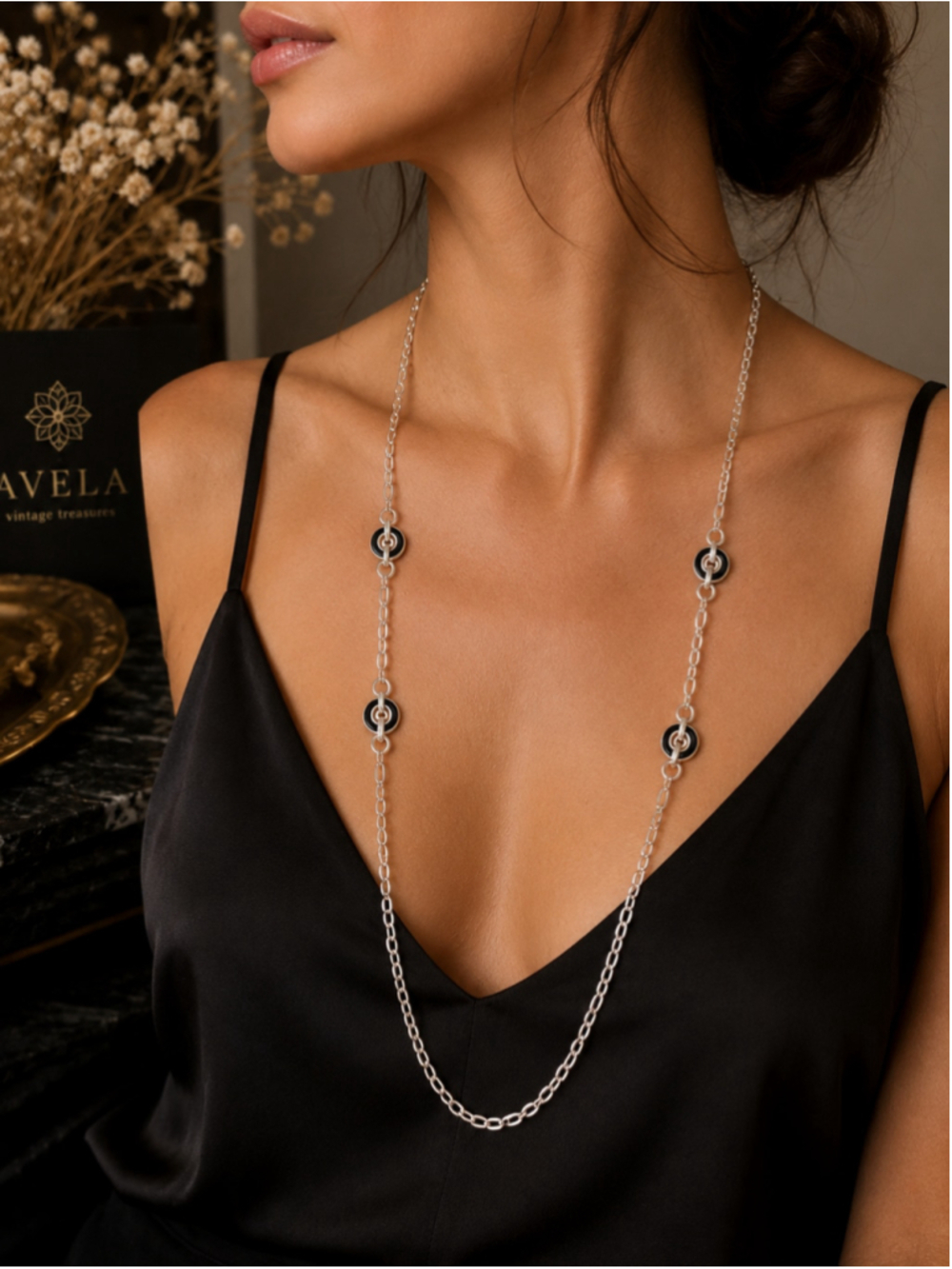 Vintage Vendome Silver-Tone Black Enamel Link Necklace with Original Hang Tag |